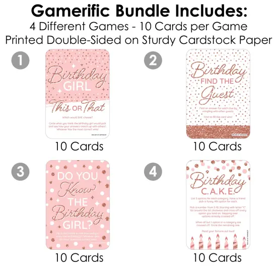 Big Dot of Happiness Pink Rose Gold Birthday - 4 Happy Birthday Party Games - 10 Cards Each - Gamerific Bundle {4}