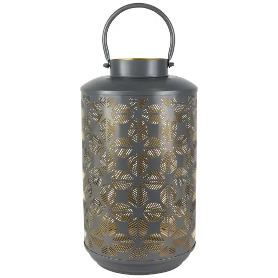 Northlight Laser-Cut Large Iron Candle Lantern with Handle - 15.25" - Gray and Gold {1}