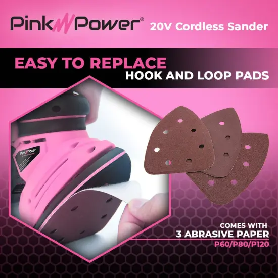 Pink Power Sandpaper for 20V PP204 Cordless Electric Hand Sander - Detail Sand Paper Hook & Loop P60/P80/P120 Grit Sandpaper Pads for Wood, Furniture, & Wall - Sanding Sheets for Palm Sander {4}