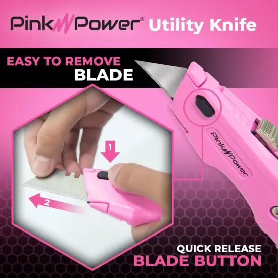 Pink Power Pink Box Cutter Retractable, Pink Utility Knife for Carpet, Box Cutter Knife Heavy Duty with 3 Blades and Storage Compartment - Box Opener Pocket Utility Pink Knife Tools for Women - 5 Pack {4}