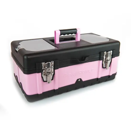 Pink Power Pink Tool Box for Women - 18" Small Metal & Plastic Portable Lightweight Pink Locking Empty Toolbox Chest - Craft Tote Storage Tool Case Organizer for Ladies Pink Tool Set Kit {1}