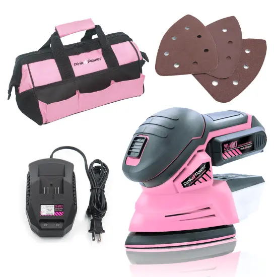 Pink Power Detail Sander for Woodworking 20V Cordless Electric Hand Sander for Wood Furniture - Mini Palm Sander Tool with Sandpaper, Li-Ion Battery & Charger - Small Handheld Sanding Machine {1}