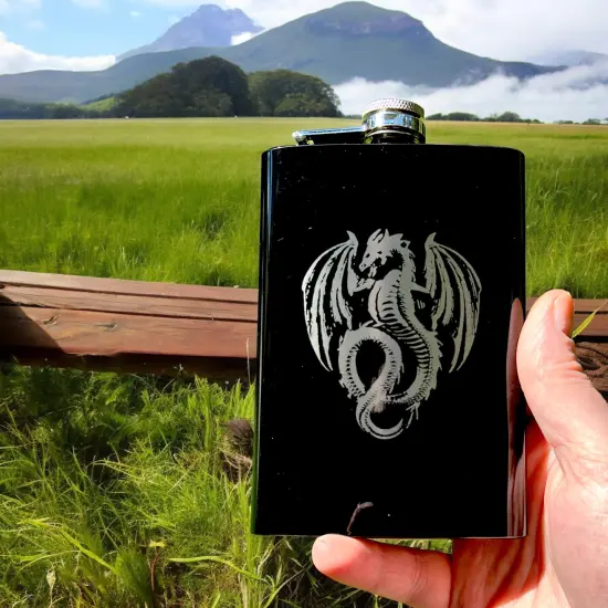 8oz BLACK Vintage Flying Dragon Flask {2}