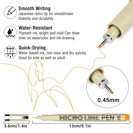 12 Colors 05 Micro Fineliner Drawing Art Pens, Waterproof Archival Ink Pens, 0.45mm Multiliner Fine Liner Pens for Illustration Technical Sketching Manga Scrapbooking Journaling Zentangle {4}