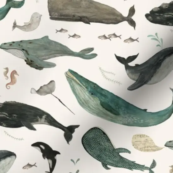 Various Fabrics by the Yard or Fat Quarter Whale Sea Life Ocean Green Charcoal Gray Swimming Nautical Animals Whimsical Beach Watercolor Trendy Custom Printed Fabric by Spoonflower {7}