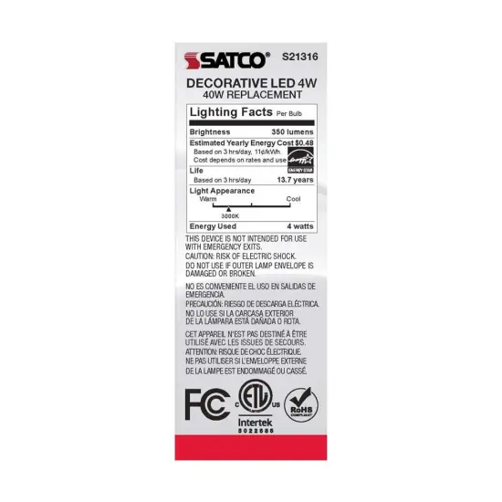 6Pk - Satco 4w CA10 LED 3000K Medium Base Frosted Dimmable - 40w equiv Warm White {6}