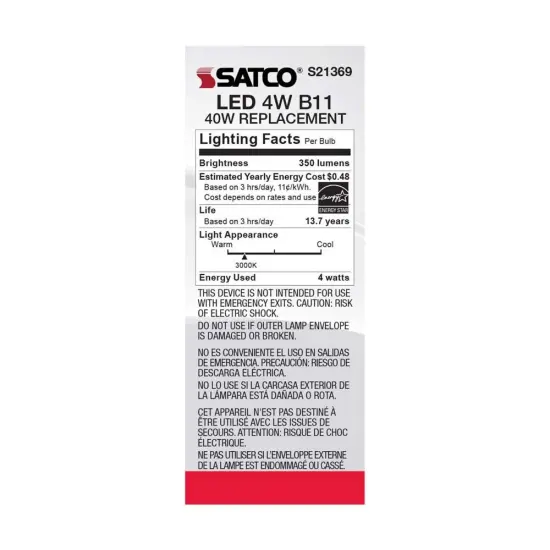 3Pk - Satco 4w B11 LED 3000K Medium Base Dimmable - 40w equiv Warm White {6}