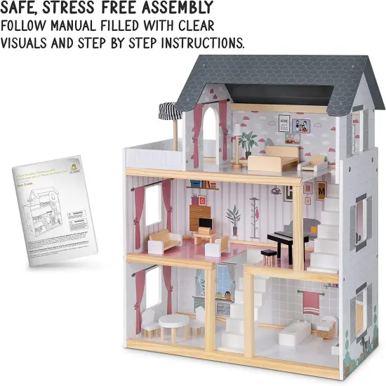 Lil Jumbl Kids 3-Floor Wooden Dollhouse with 2 Staircases and 17-Piece {5}