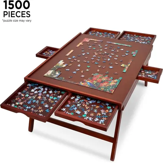 Jumbl 1500 Piece Puzzle Board Rack w/Mat, 27&rdquo; x 35&rdquo; Wooden Jigsaw Puzzle Table Brown {2}