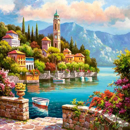 2000 Piece Jigsaw Puzzle, Village Clock Tower, Dolomites, Italy, Idyllic Landscape, Mountains and lake, Adult Puzzles, Castorland C-200696-2 {2}