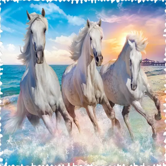 Crazy Shape 600 Piece Jigsaw Puzzles, Horses Gallop Among The Waves, Stallions, Beach, Adult Puzzles, Trefl 11111 {2}