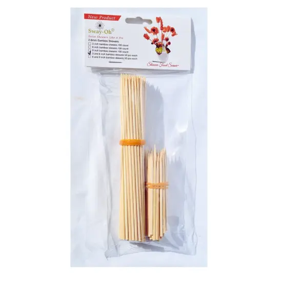 3" and 6" Natural Bamboo Skewers, 100 Count - Ø=2.6mm. Natural Bamboo. Strong, durable, bamboo skewers to display bite-sized fruits, vegetables, meats, cheese, desserts, and other appetizers. {1}