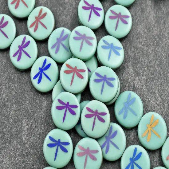 *8* 16mm Etched Matte Satin Turquoise Metallic Iris Dragonfly Coin Beads {1}