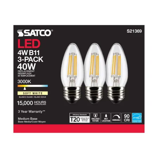 3Pk - Satco 4w B11 LED 3000K Medium Base Dimmable - 40w equiv Warm White {5}