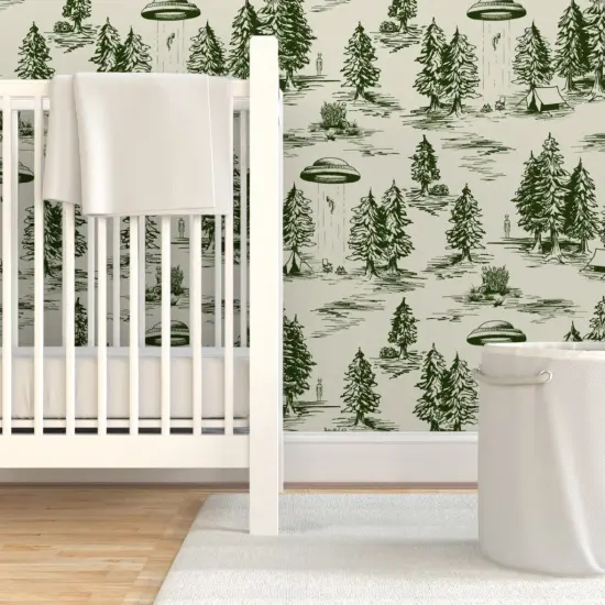 Pre-Pasted Wallpaper 2FT Wide Alien Toile Whimsical Ufos Flying Saucers Traditional Neutral Custom Pre-pasted Wallpaper by Spoonflower {7}