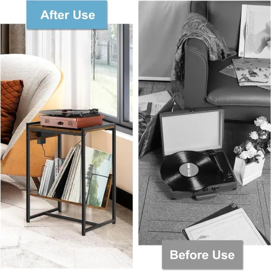 Record Player Holder Stand End Table with Vinyl Storage Brown {5}