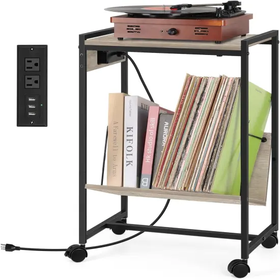 Record Player Holder Stand End Table with Vinyl Storage Grey {1}