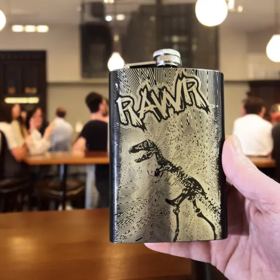 8oz BLACK RAWR Flask Dinosaur T-Rex {5}