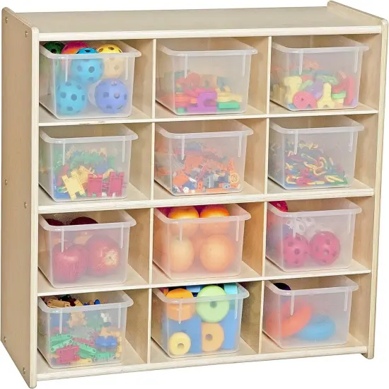 12-Cubby Storage Unit with Clear Tubs, 12 Compartment Storage Organizer in Birch Plywood, Natural {4}