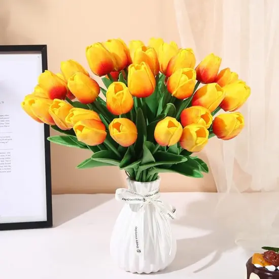 10Pcs Artificial Real Touch Tulips Faux Tulip Stems Wedding Bouquet (Orange) {1}