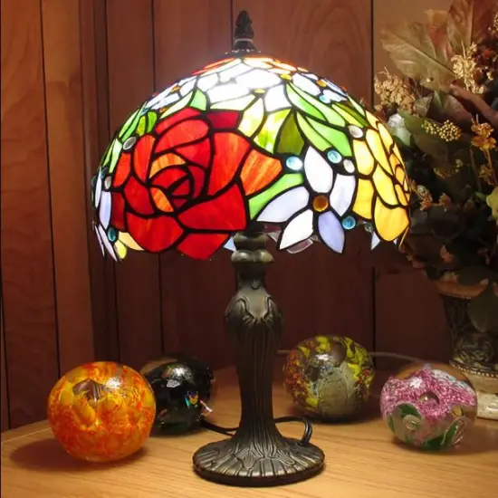 Tiffany Style Stained Glass Rose Flower Table Lamp with Antique Bronze Zinc Cast Base 16.5x10x10 inches D&eacute;cor for Living Room, Bedroom, Office, & More {1}