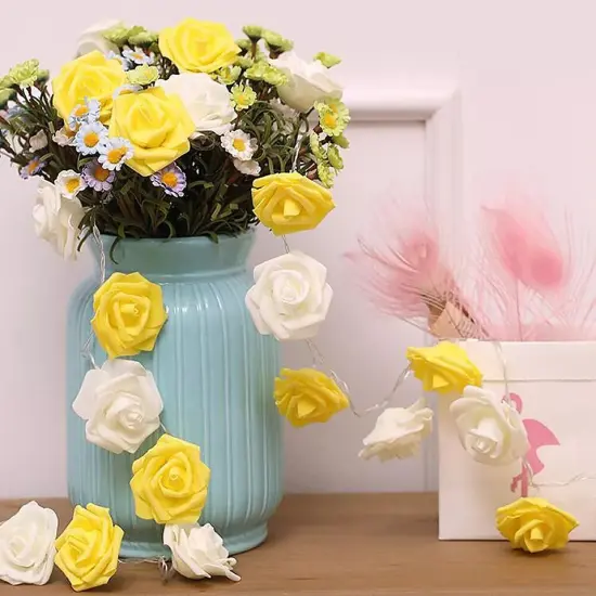 9.84 Ft 20 LED Rose Flower Lights String Battery Operated Yellow {7}