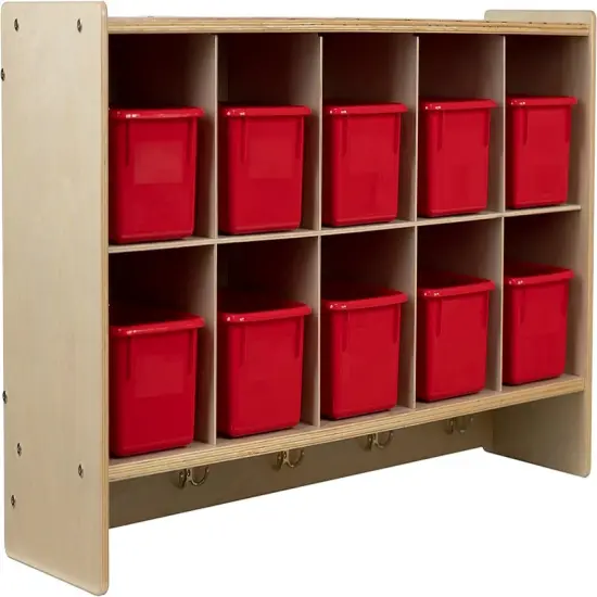 Cubby Storage Organizer Cubes, 10 Cubbies with Coat Hooks, Hanging Wall Cubby Shelf for Kids Toys, Daycare, Classroom, 47-Inch Width Red {1}