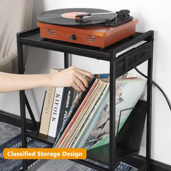 Record Player Holder Stand End Table with Vinyl Storage Black {5}