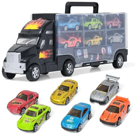 Big Mo's Toys Transport Car Carrier Truck - with 6 Stylish Metal Racing Cars - with Carrying Case {1}