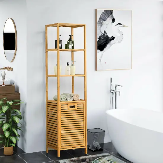 Bamboo Tower Hamper Organizer with 3-Tier Storage Shelves-Natural {2}