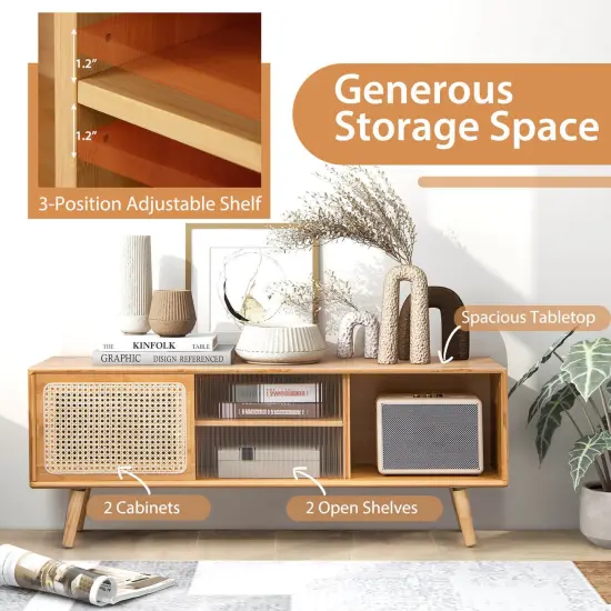 Modern TV Stand with Rattan Glass Sliding Doors-Natural {2}