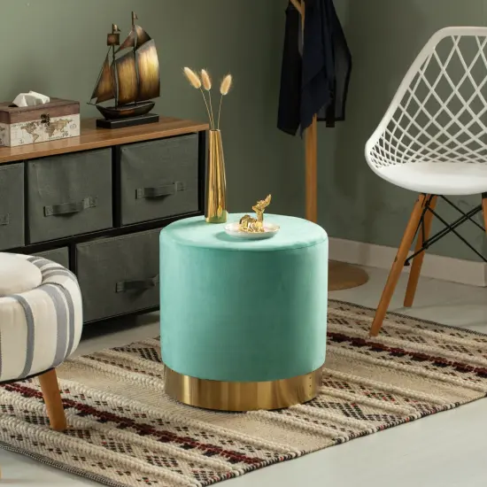 Modern Round Velvet Fabric Standard Ottoman Stool with Gold Base Teal blue {1}