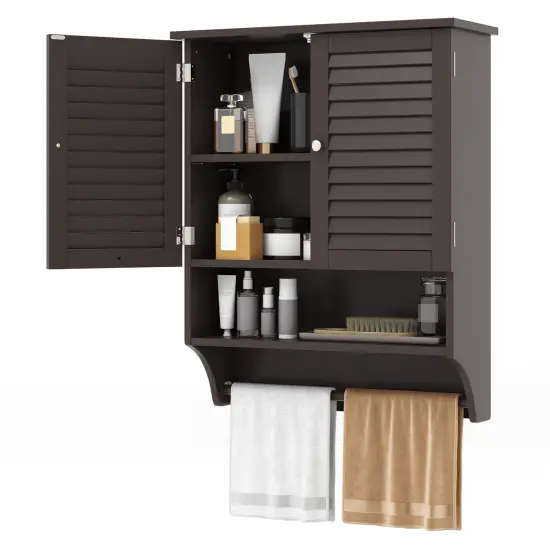 2-Doors Bathroom Wall-Mounted Medicine Cabinet with Towel Bar Brown {4}
