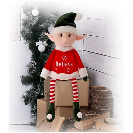 22-Inch Fabric Retro 'Believe' Sitting Elf: Charming Holiday Decoration with Vintage Appeal {3}