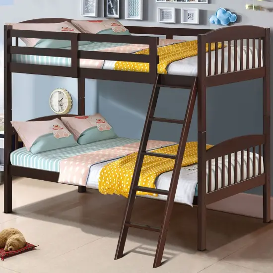 Wood Bunk Bed Twin with Inclined Ladder, Convertible, Safe and Space-Saving Brown {6}