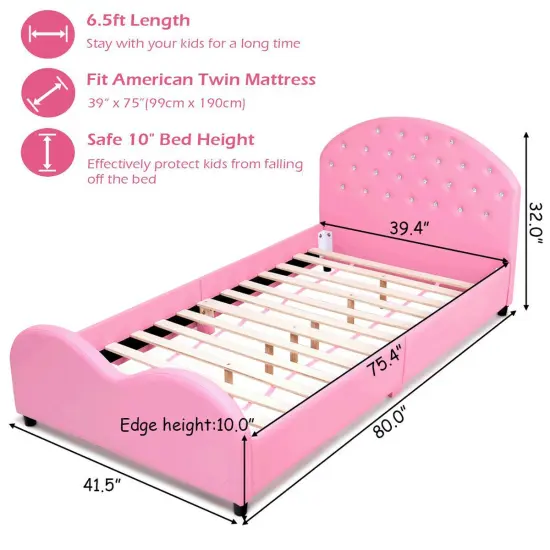 Kids Children PU Upholstered Platform Wooden Princess Bed {5}
