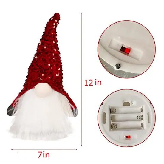 12" Lighted Christmas Gnome, Handmade Sequins Hat Scandinavian Swedish Tomte, Light Up Plush Elf Toy Holiday Present, Battery Operated Winter Tabletop Christmas Decorations, 2 Set {6}