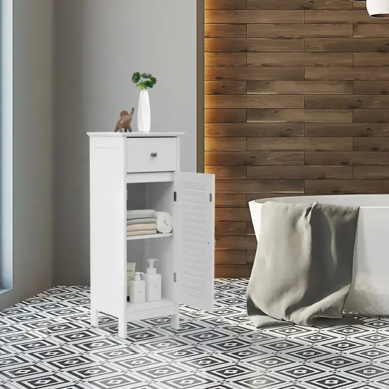 MDF Freestanding Bathroom Cabinet with Adjustable Shelf, Drawer and Shutter Door White {5}