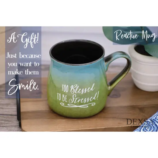 Dexsa Blessed Coffee Tea Soup Ceramic Mug | Too blessed to be stressed! | 16 ounce Designer Mug with Inspiring Sentiment | Elegant Pottery Look {3}