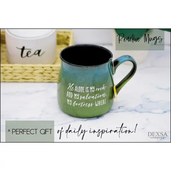 Dexsa Coffee Tea Soup Ceramic Mug | He alone is my rock and my salvation, my fortress where I will not be shaken Psalm 62:6 | 16 ounce Designer Mug with Inspiring Sentiment | Elegant Pottery Look {4}