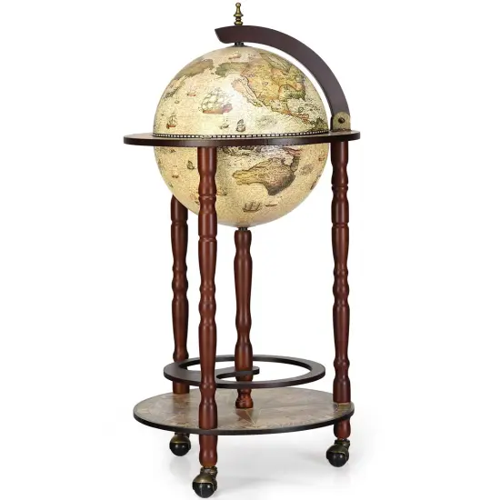 17 Inch Italian Style Design Wooden Globe Liquor Bottle Wine Rack with Wheels {1}