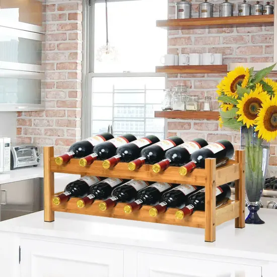 2-Tier 12 Bottles Bamboo Storage Shelf Wine Rack Natural {3}