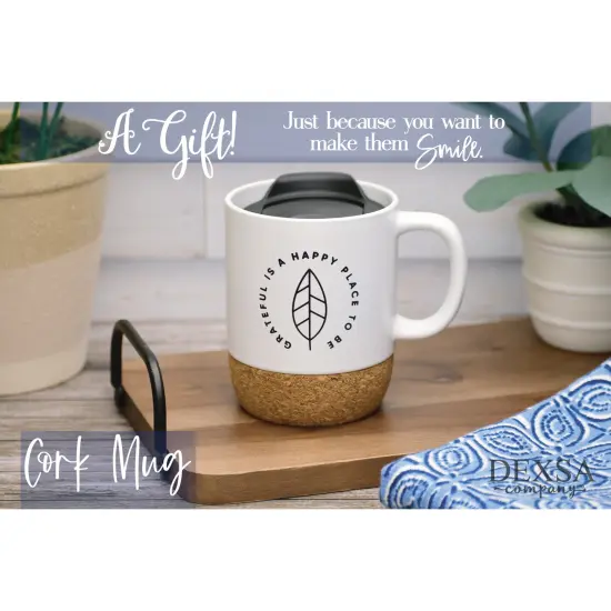 Dexsa Grateful Is A Happy Place Designer Cork Bottom Mug with Lid - 14 oz {3}