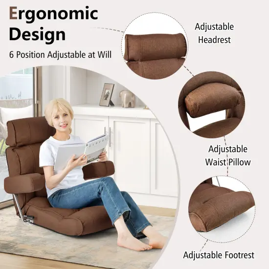 Foldable Floor Sofa Chair with 6-Position Adjustable Headrest and Metal Frame Brown {3}