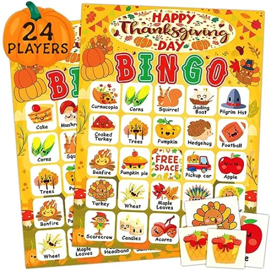 24 Players Thanksgiving Bingo Cards, Thanksgiving Bingo Game for Kids with Punny Stickers Fall Festival Bingo Sets Classroom Family Party Game Holiday Activities {2}
