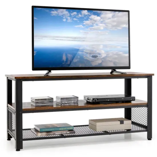 3-Tier Industrial Entertainment TV Stand with Metal Mesh Shelf {2}
