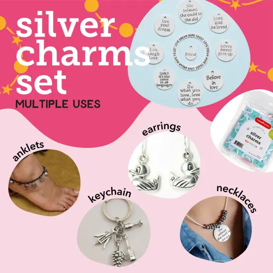Incraftables 166pcs Silver Charms Set for Jewelry Making. Bulk DIY Necklace, Bracelet, Bangle & Keychain Making Kit w/ 120pcs Antique Charms (Small & Large), 20pcs Word Charms & 26pcs A-Z Letter Charm {4}