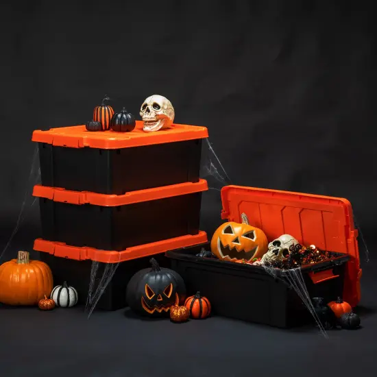 IRIS USA Heavy-Duty Plastic Storage Bins, Store-It-All Container Totes with Durable Lid and Secure Latching Buckles, Black/Orange {4}