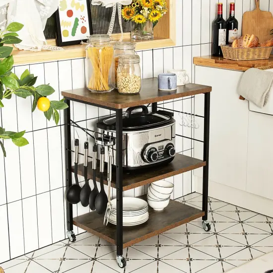 3-Tier Kitchen Baker's Rack Microwave Oven Storage Cart with Hooks Rustic Brown {2}