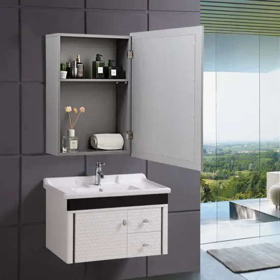 MDF and Glass Wall Mounted Bathroom Cabinet with Mirror and Adjustable Shelves Gray {3}